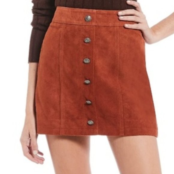 šLEATHER Suede Women's Retro Mini Skirt Darcey Gianni Bini High Waist Brown NEW - Picture 3 of 7